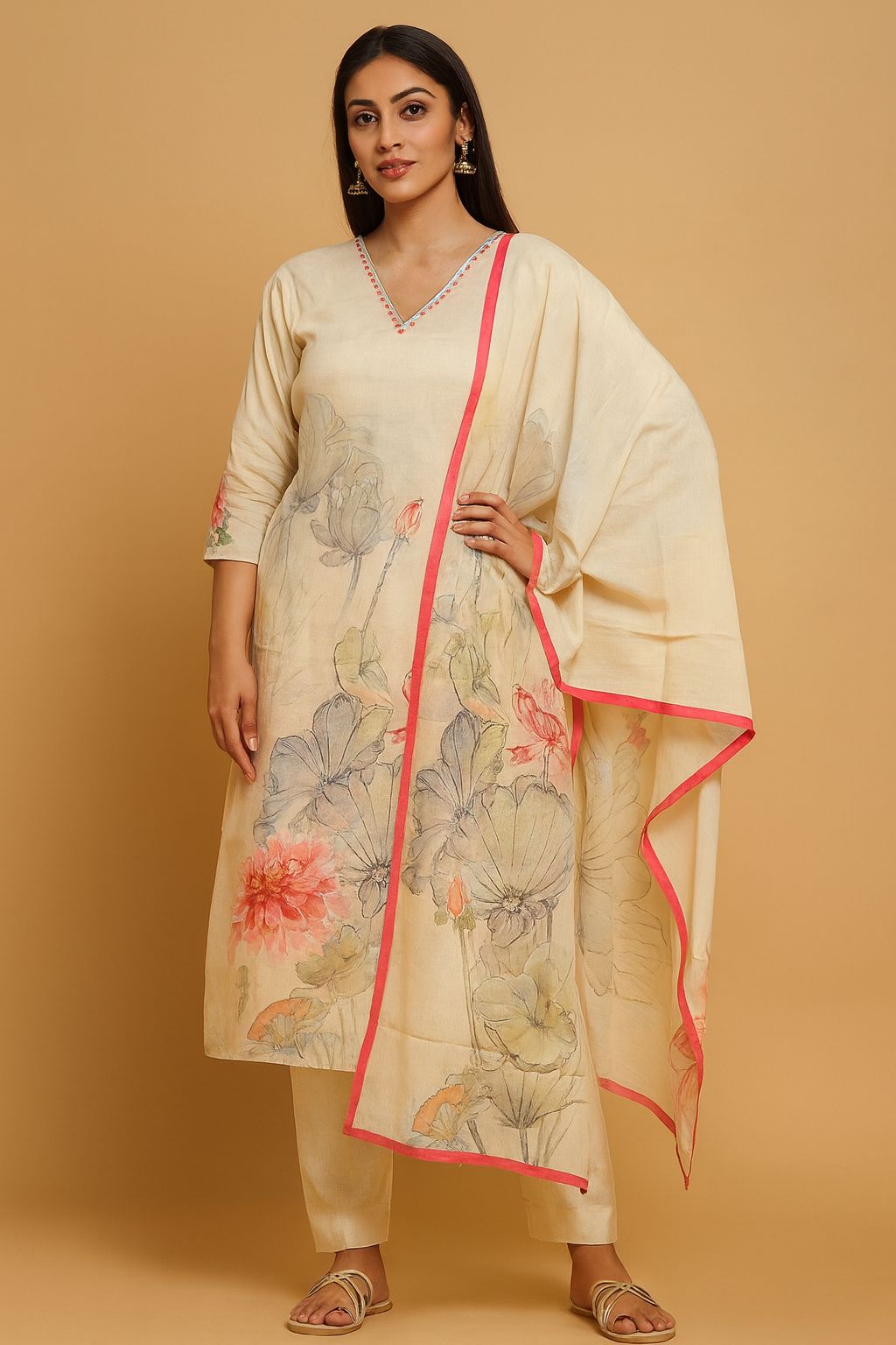 Off White Straight Cut Salwar Suit in Pure Cambric Cotton with Floral Design