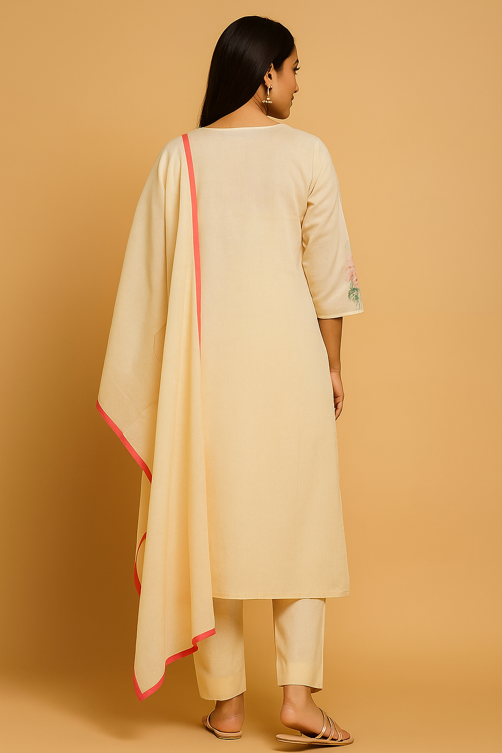 Off White Straight Cut Salwar Suit in Pure Cambric Cotton with Floral Design