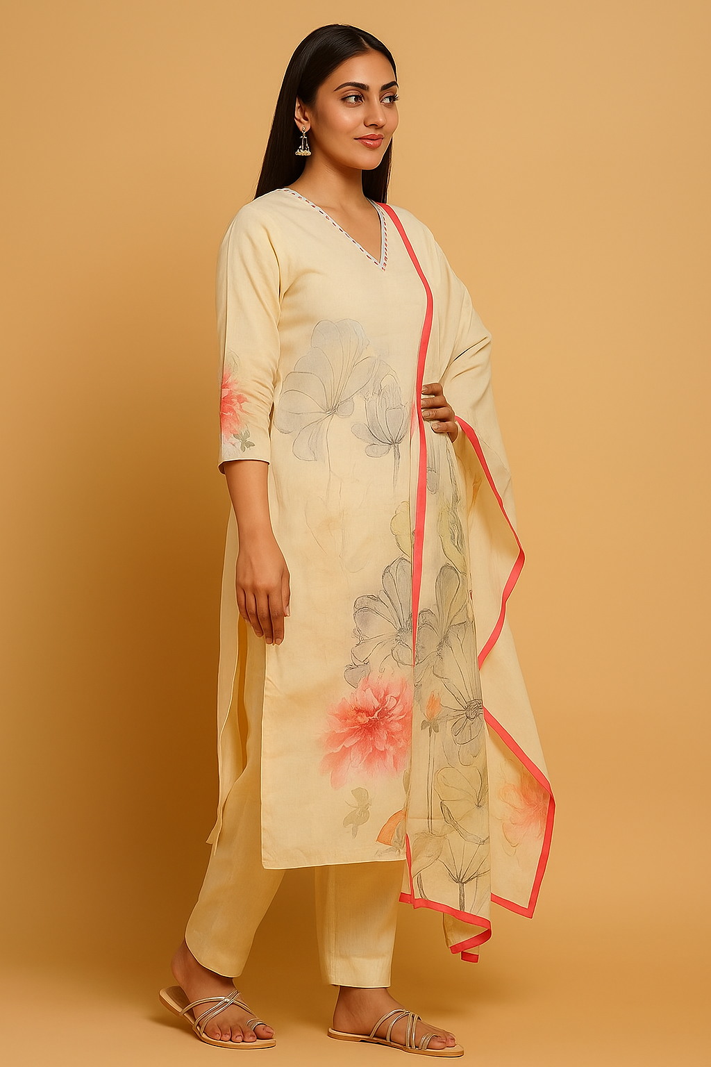 Off White Straight Cut Salwar Suit in Pure Cambric Cotton with Floral Design