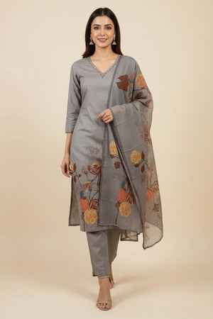 Grey Straight Cut Salwar Suit in Pure Cambric Cotton with Floral Design