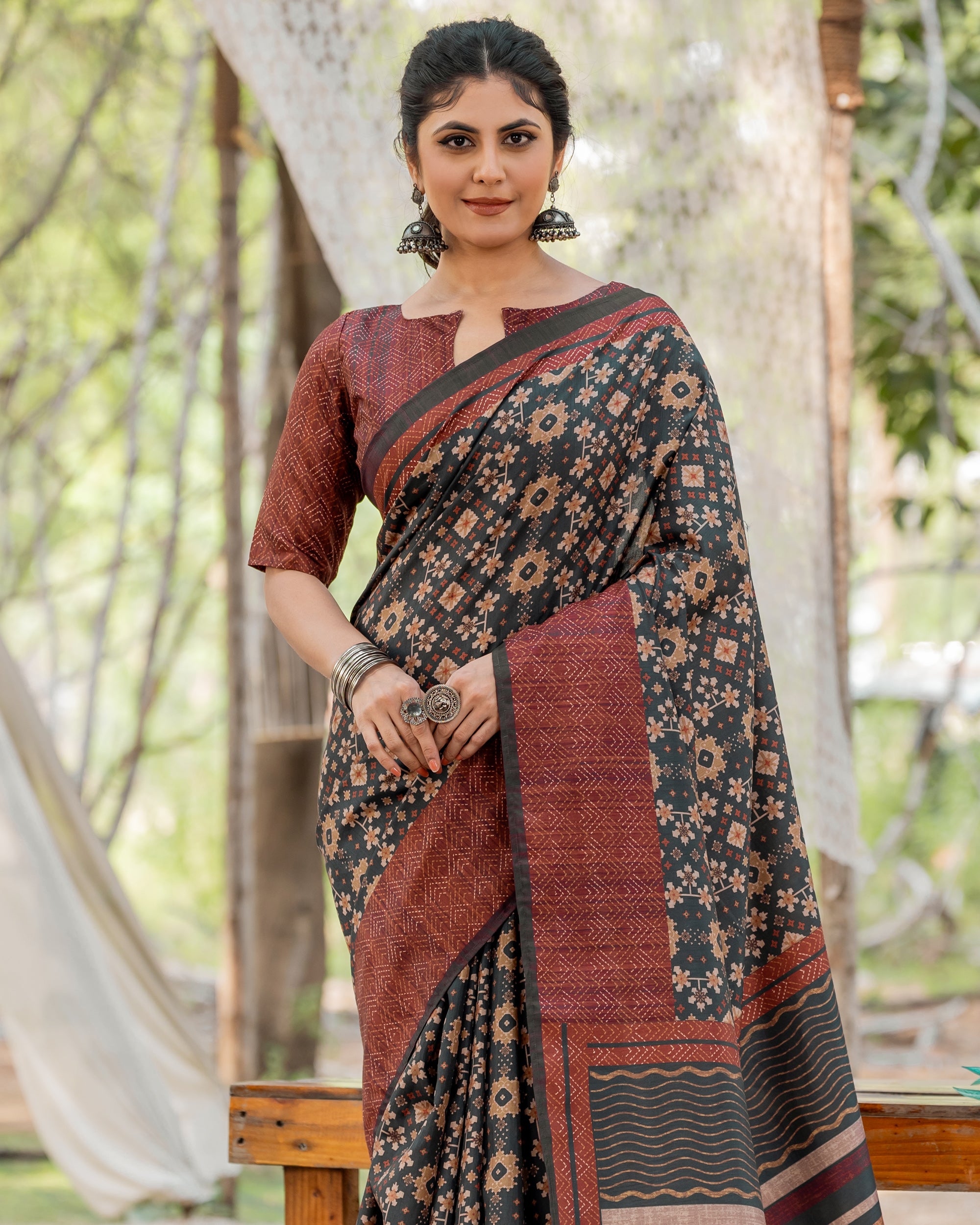 Black Kozi Cotton Silk Saree With Digital Prints and Soft Tassel Edging