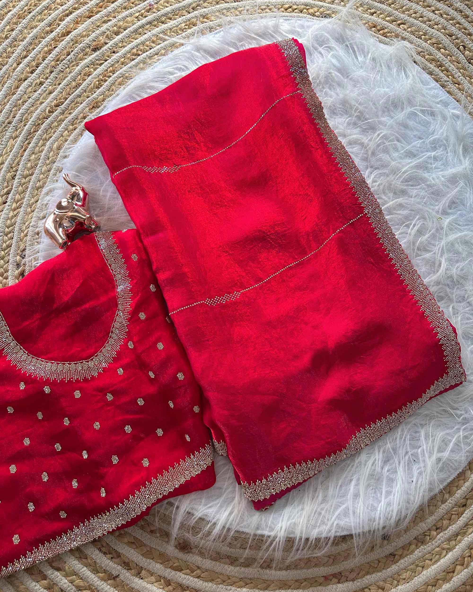 Classic Rani Pink Pure Silk Saree Adorned With Sparkling Jarkan Work & An Exquisite Designer Border