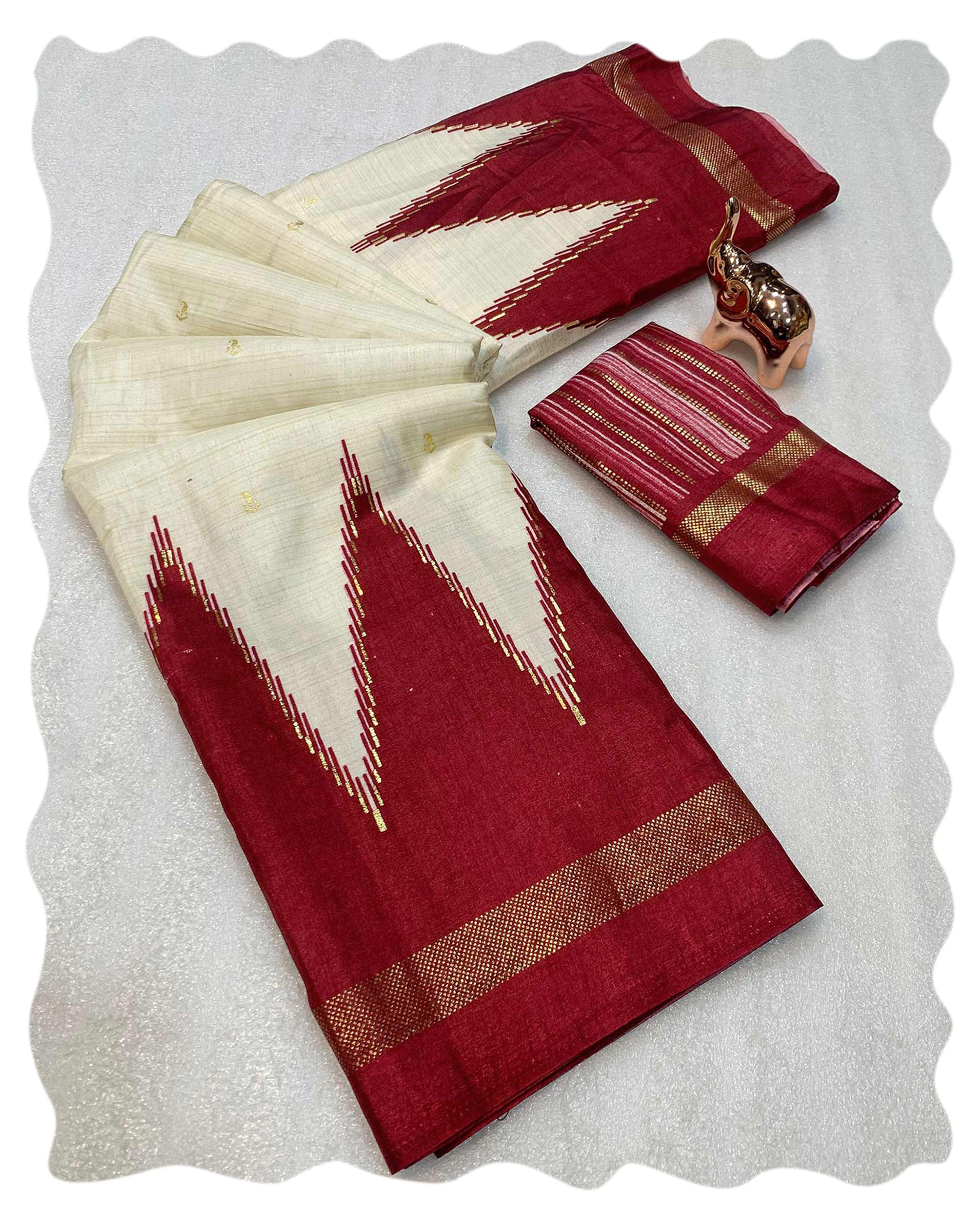 Subtle & Stylish Cream Saree With Ikkat Prints In Luxe Dola Silk For Festive Wear