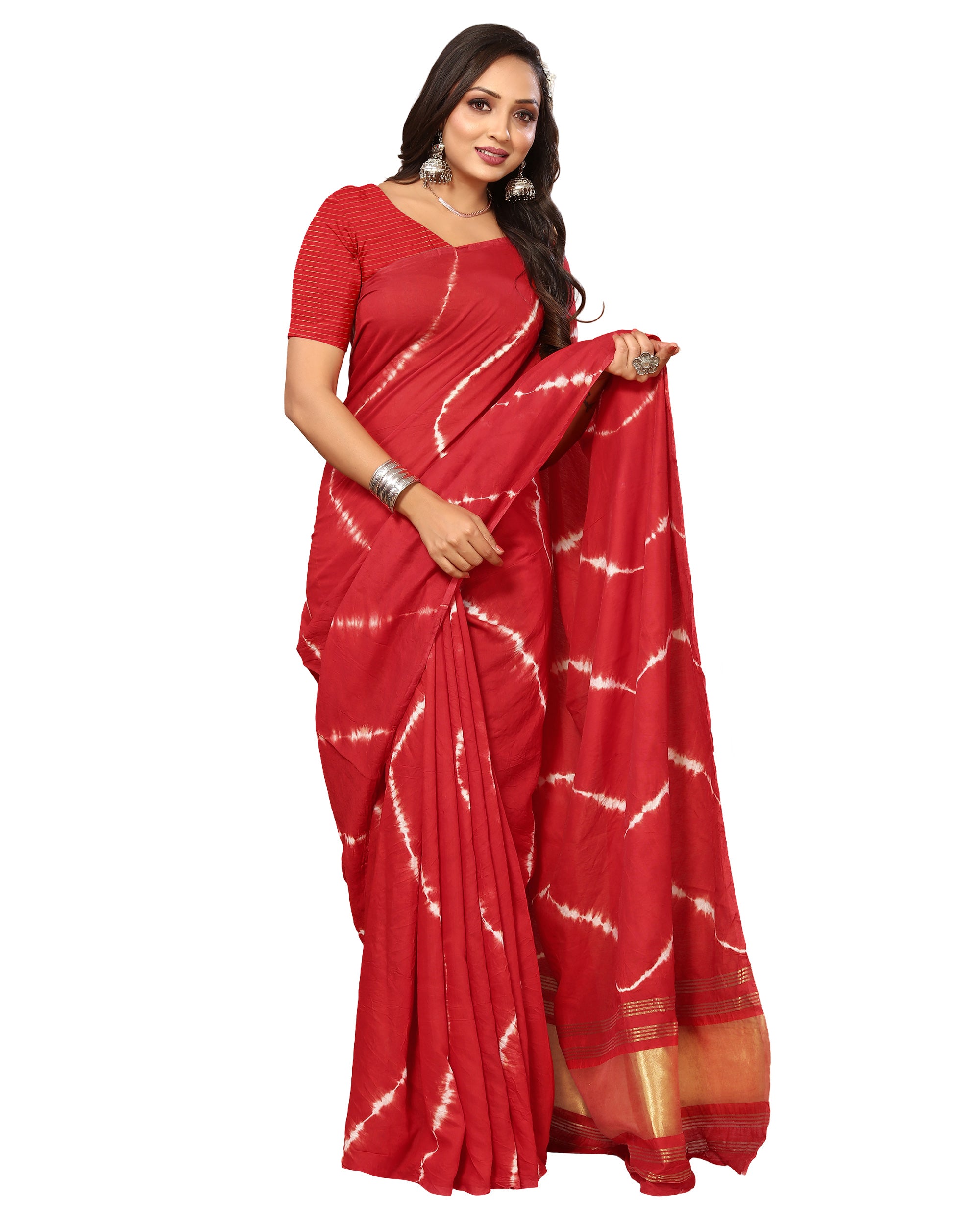 Red Leheriya Printed Chanderi Cotton Silk Lagdi Patta Saree
