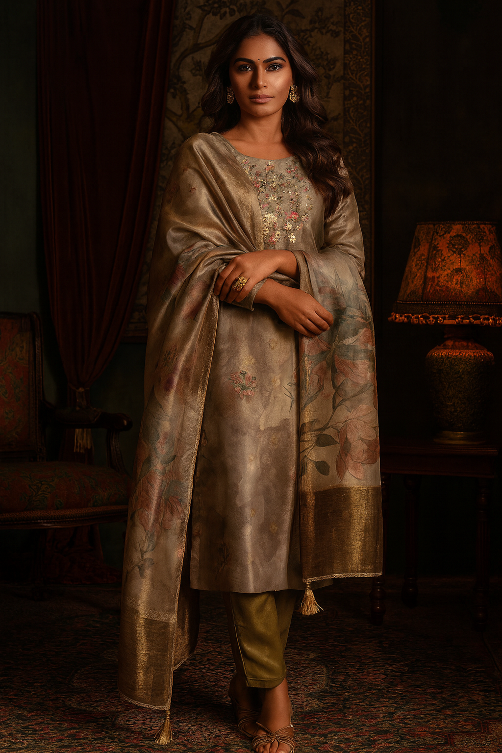 Dark Olive Shimmer Chanderi Silk Suit with Floral Digital Work & Subtle Hand Embroidery