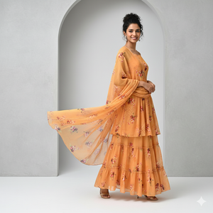 Orange Floral Digital Printed Georgette Sharara Suit
