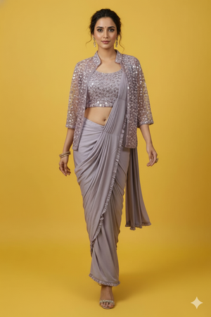 Contemporary Lycra Ruffled Stitched Saree in Lavender with Shimmer Jacket