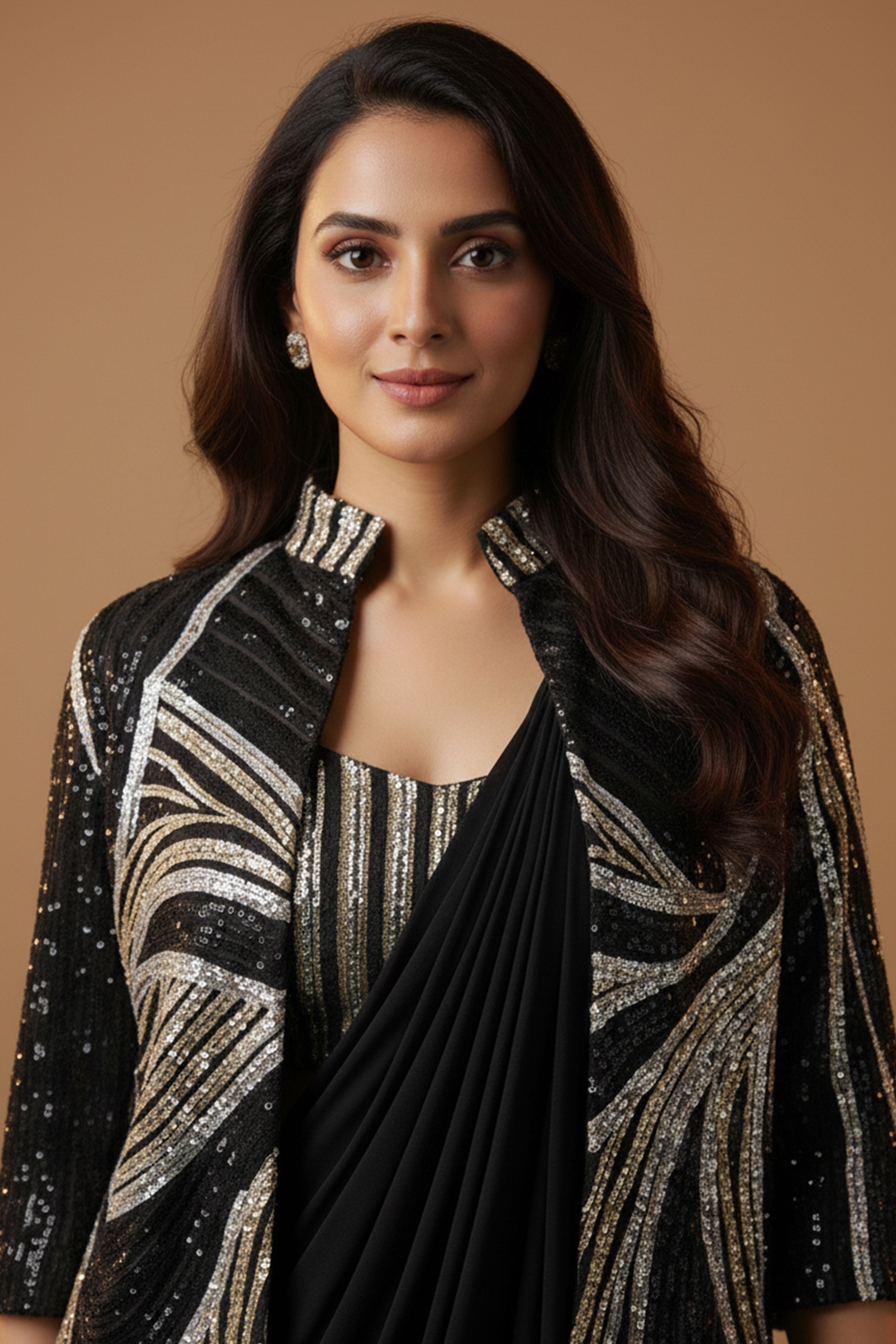 Black Lycra Pre-Stitched Saree with Designer Sequin Jacket