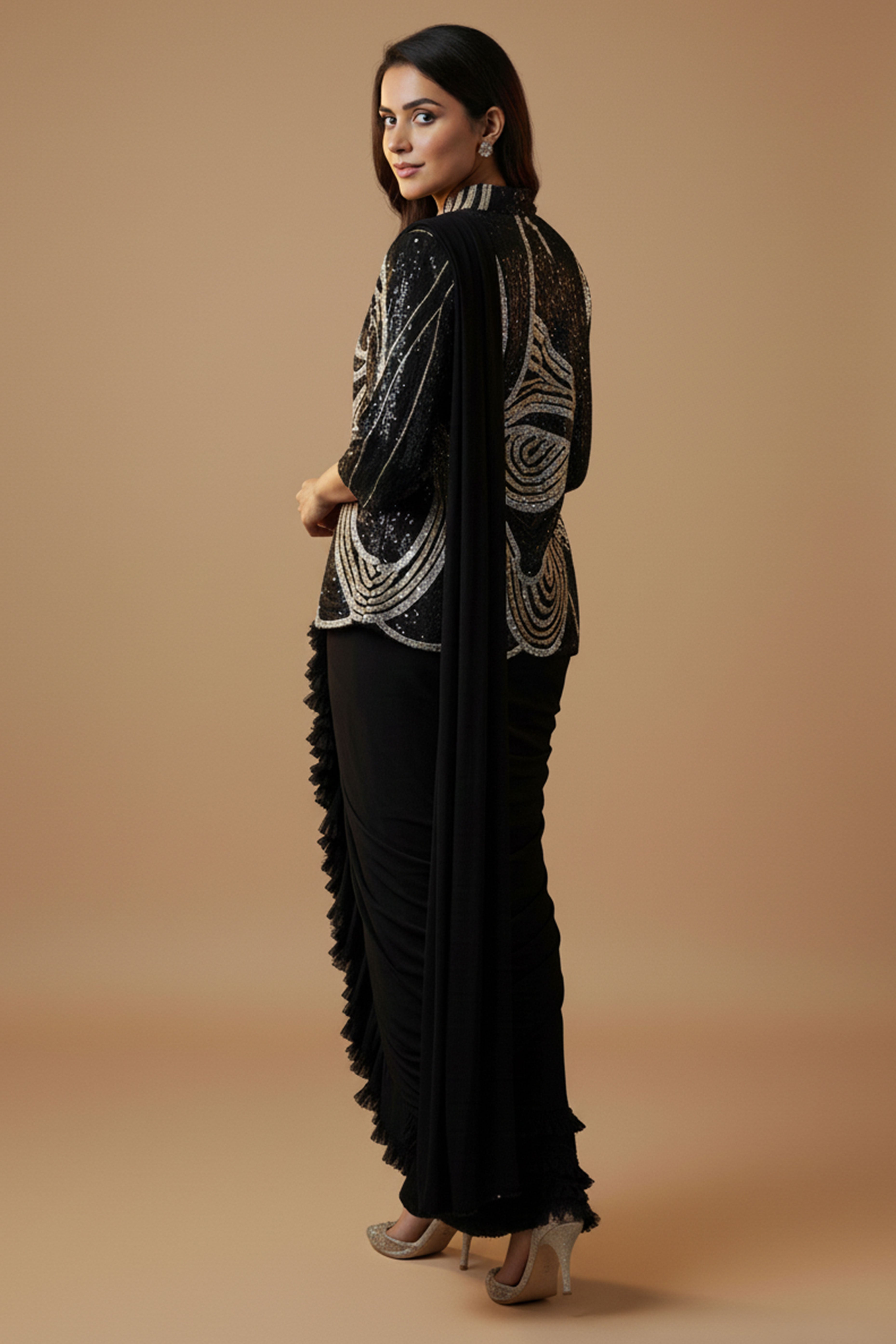 Black Lycra Pre-Stitched Saree with Designer Sequin Jacket