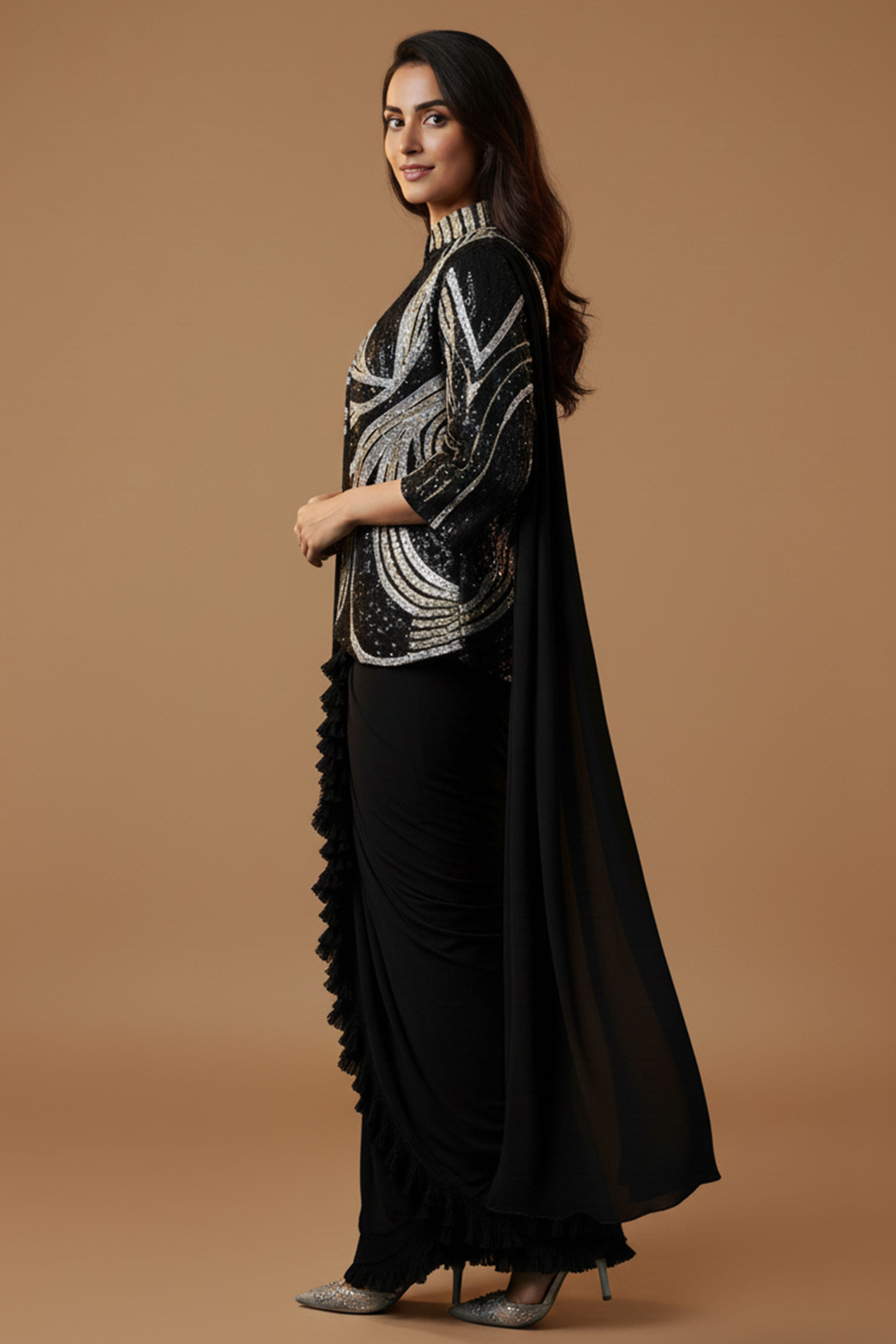 Black Lycra Pre-Stitched Saree with Designer Sequin Jacket