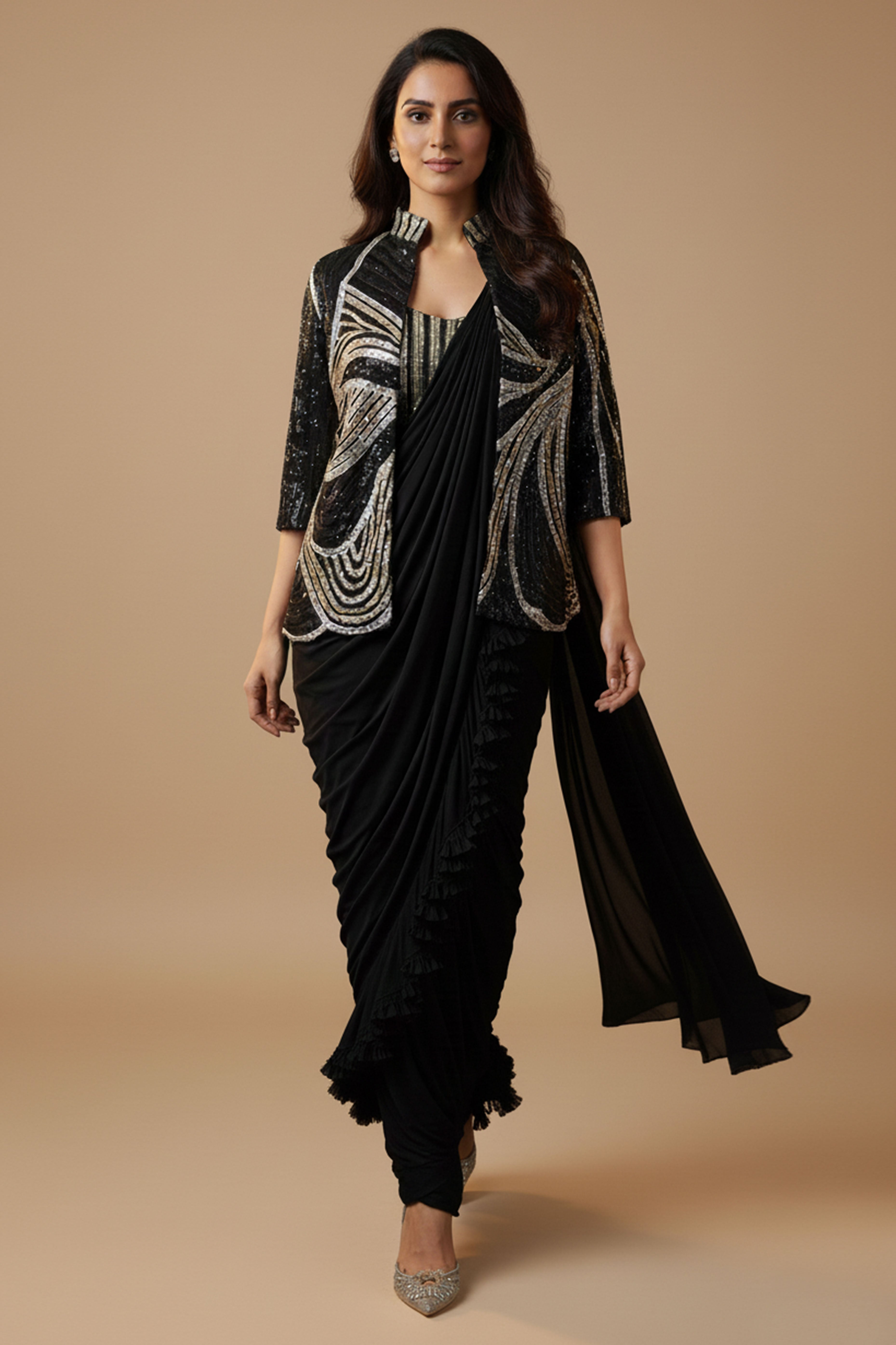 Black Lycra Pre-Stitched Saree with Designer Sequin Jacket