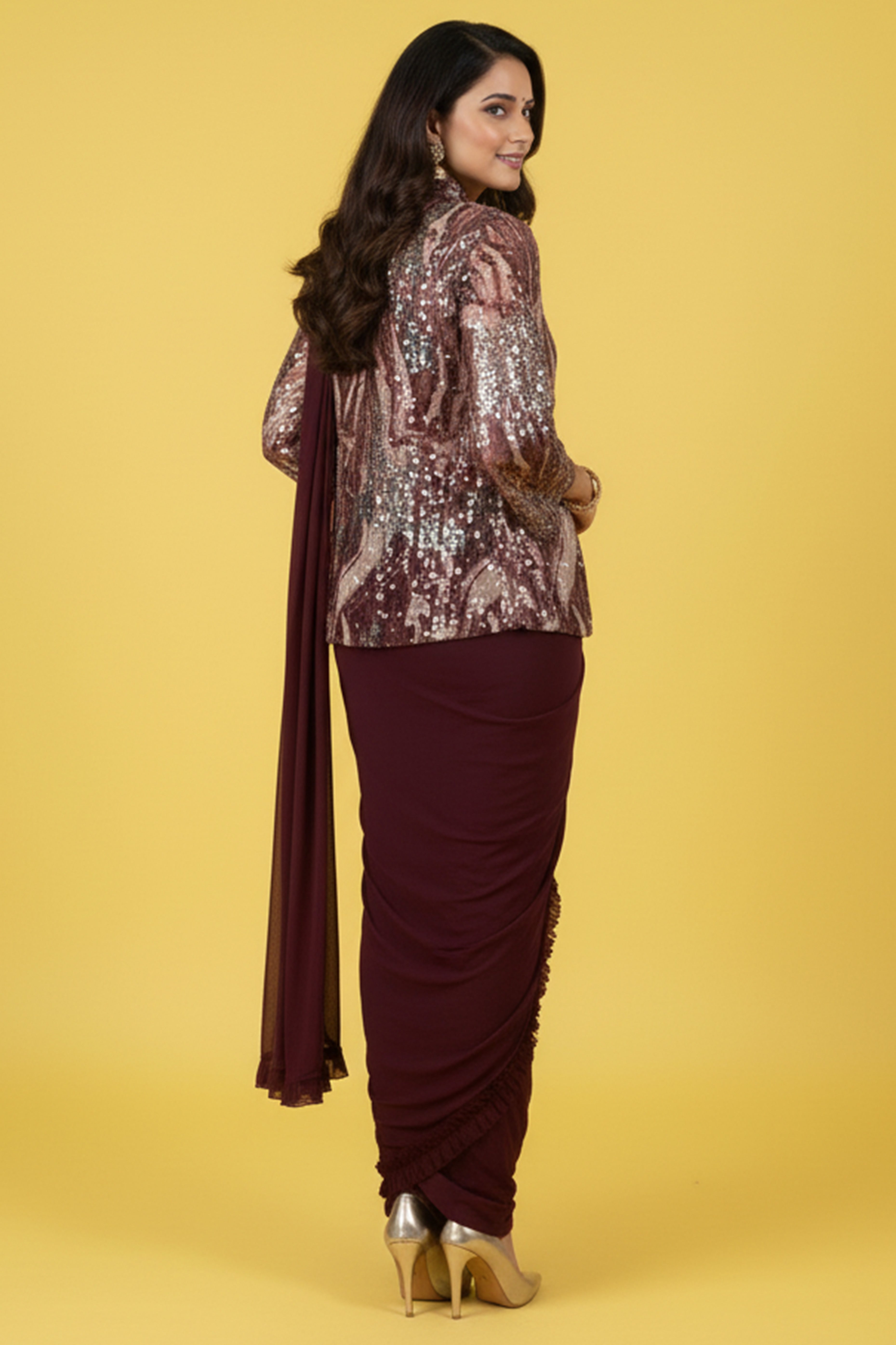 Wine Lycra Pre-Stitched Saree with Designer Sequin Jacket