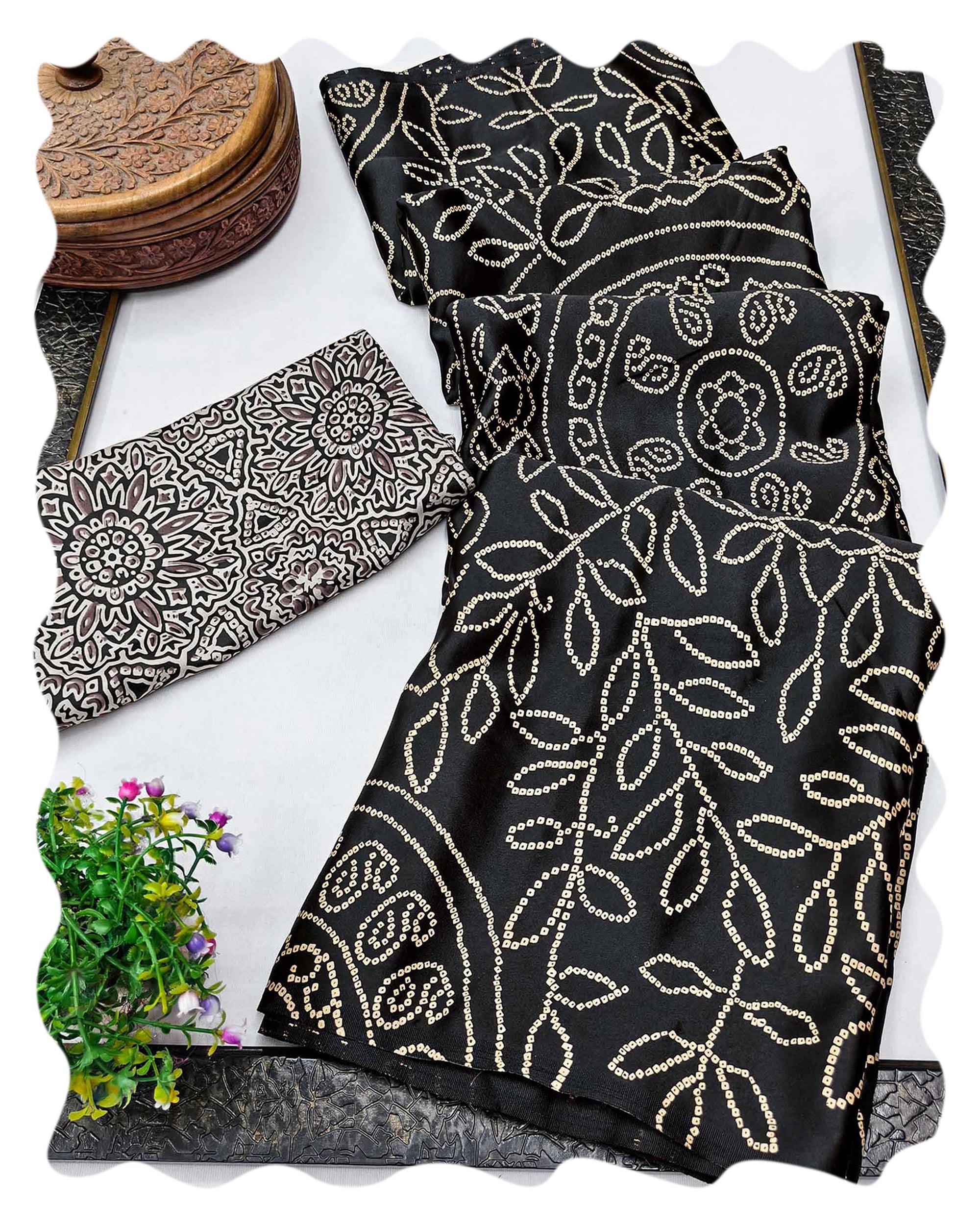 Black Moss Satin Silk Saree Featuring Bandhani Print & Ajrakh Pallu Work