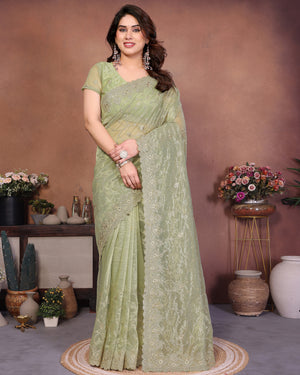 Pista Green Designer Twill Net Saree Enhanced with Delicate Thread Work Embroidery
