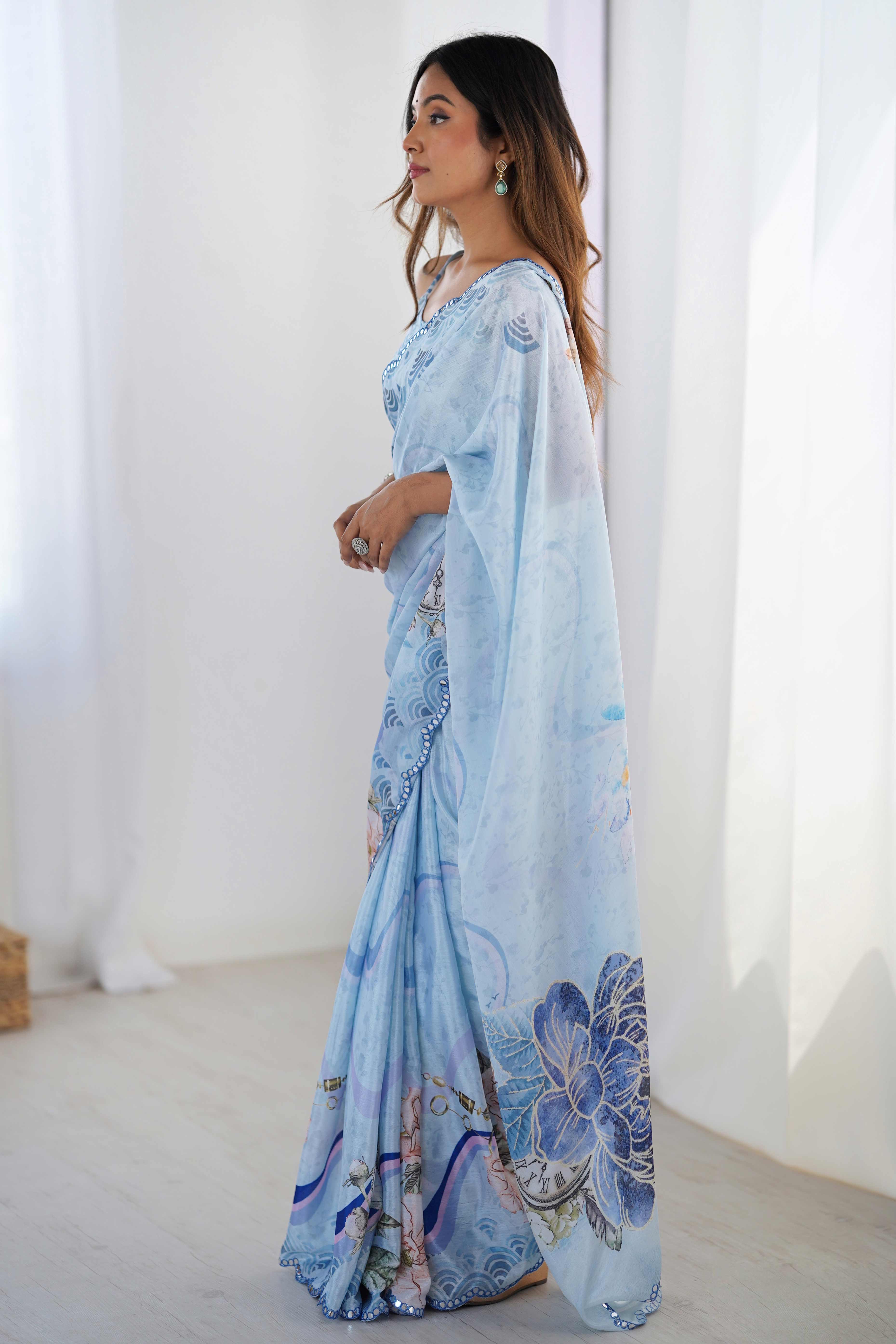 Sky Blue Floral Printed Chinon Saree with Shimmering Mirror Detailing