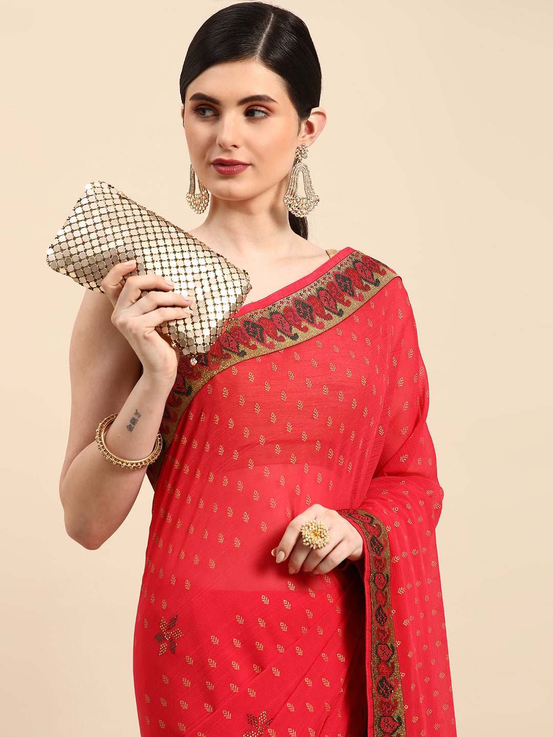 Red Foil Printed With Swarovski Zomato Silk Saree