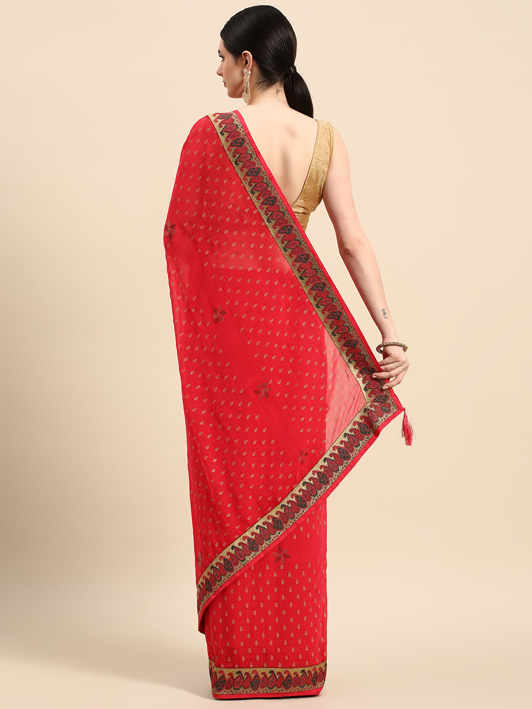 Red Foil Printed With Swarovski Zomato Silk Saree