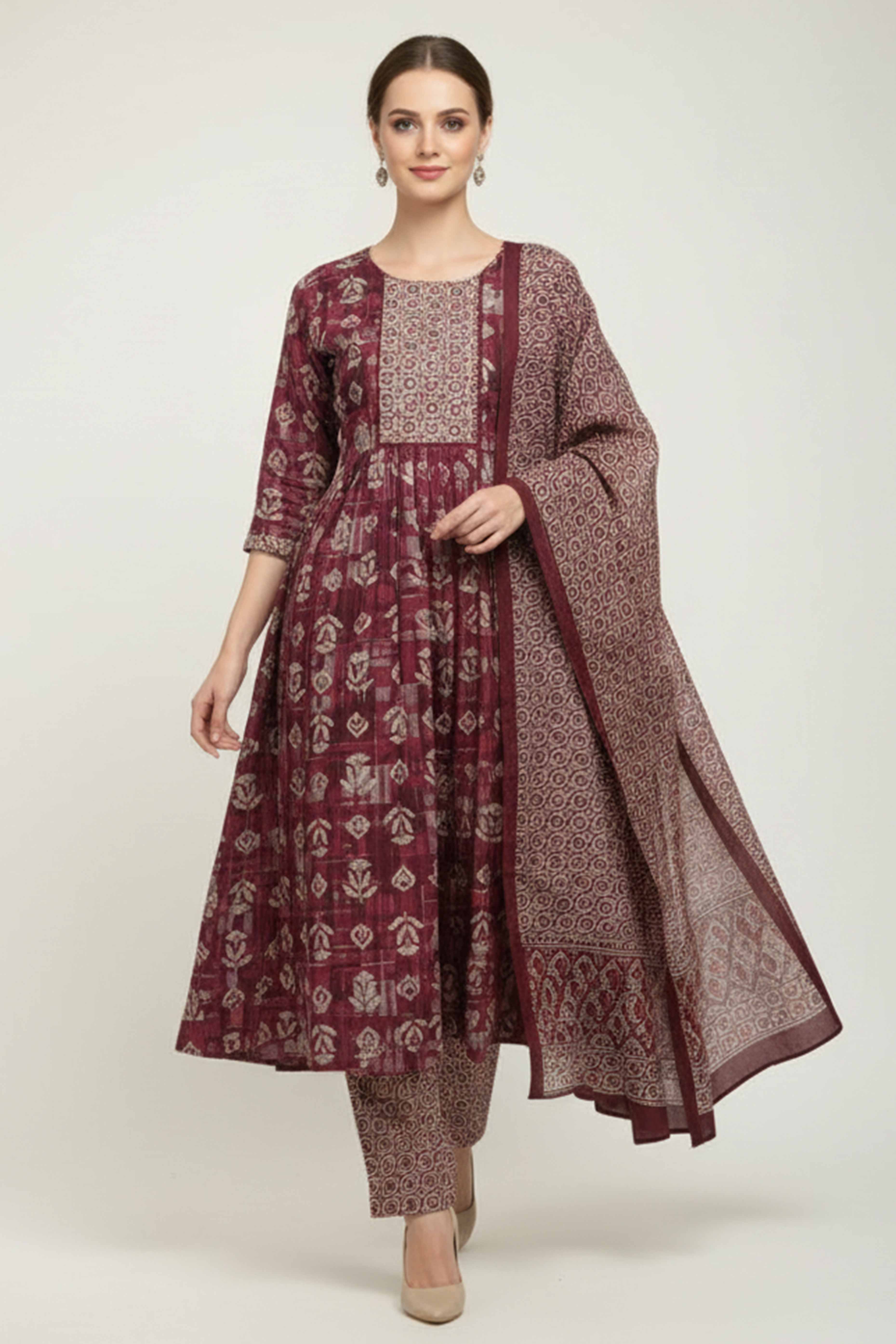 Wine Floral Foil Printed Modal Suit