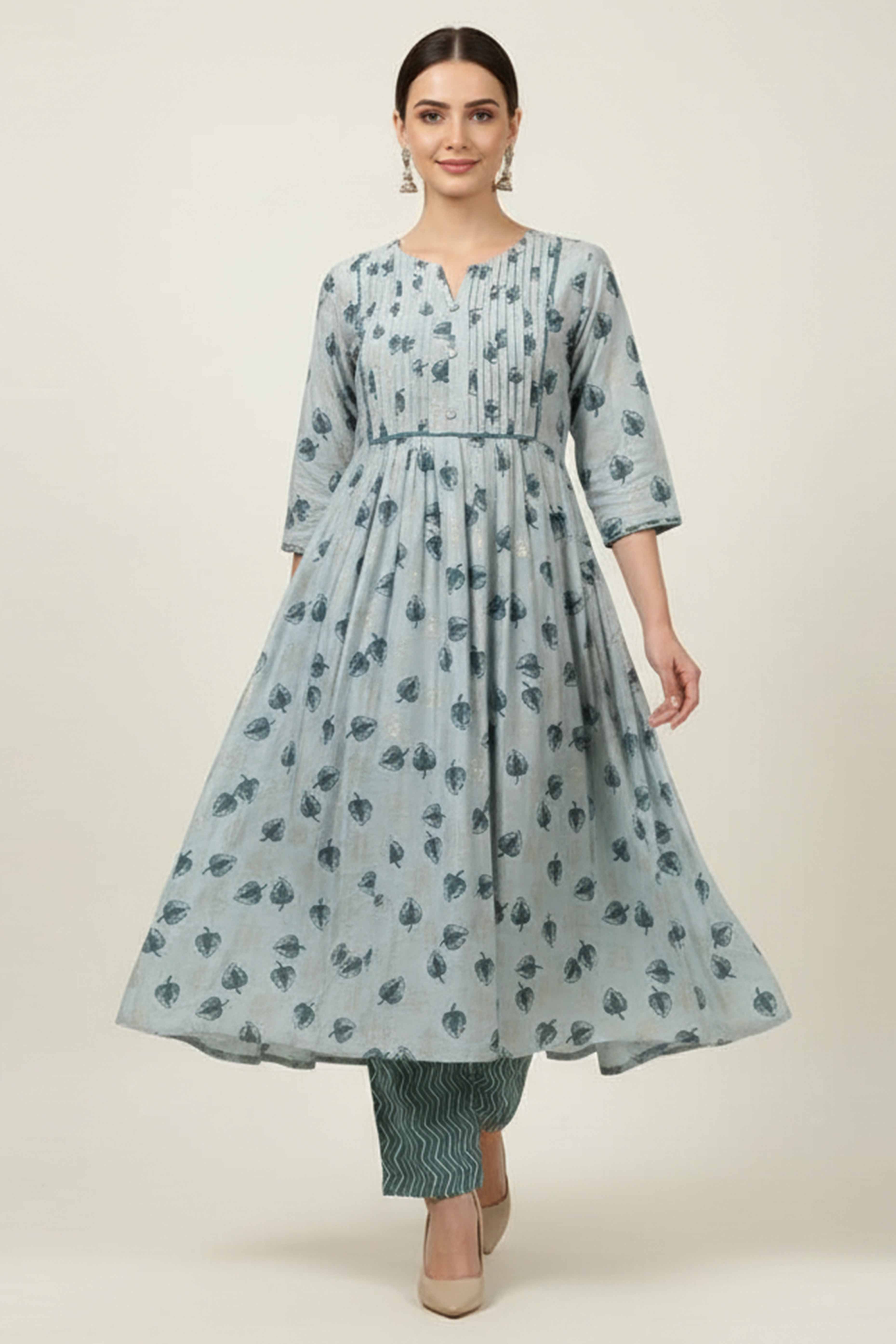 Green Foil Printed Modal Kurti Pant Set