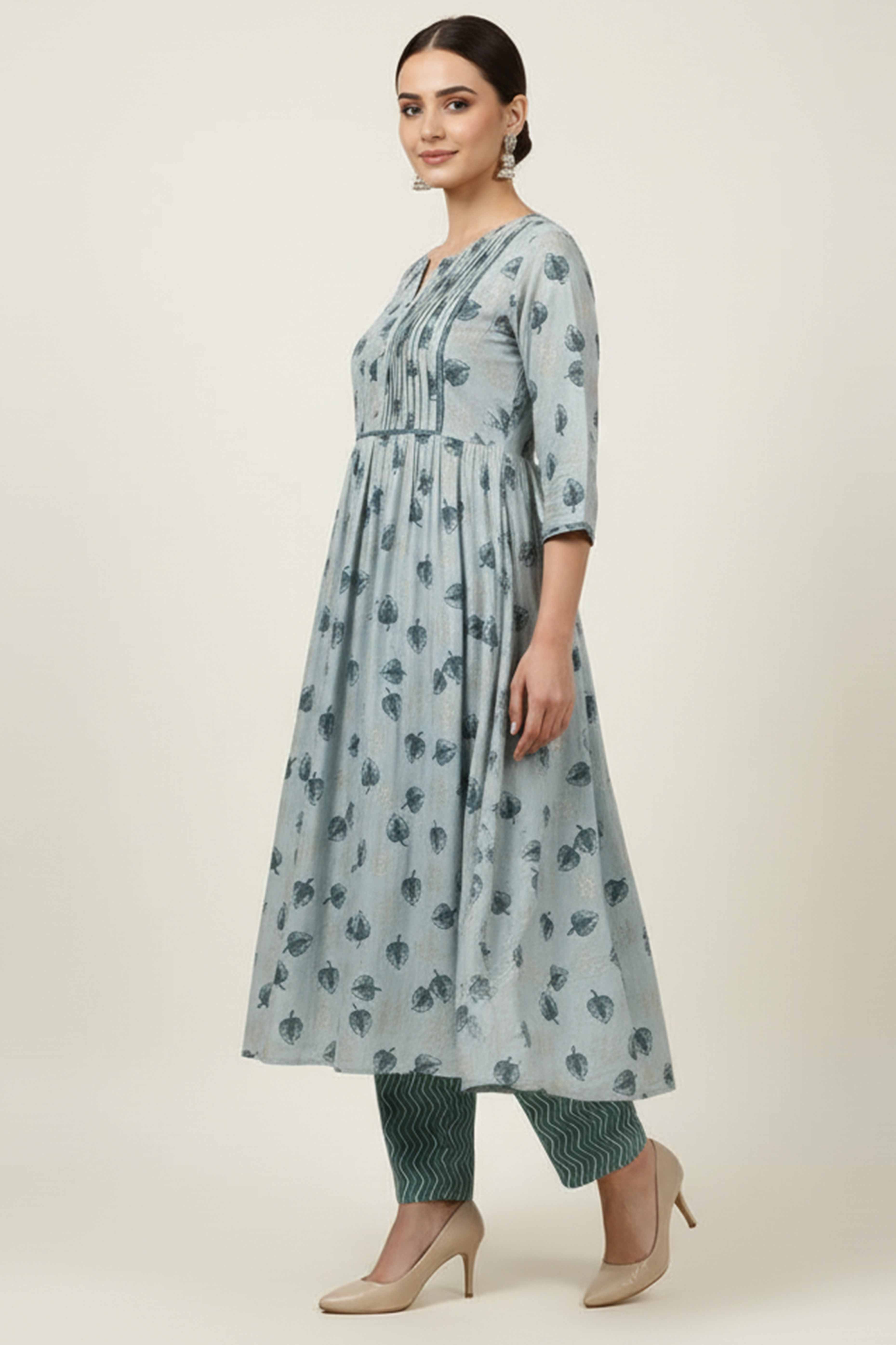 Green Foil Printed Modal Kurti Pant Set