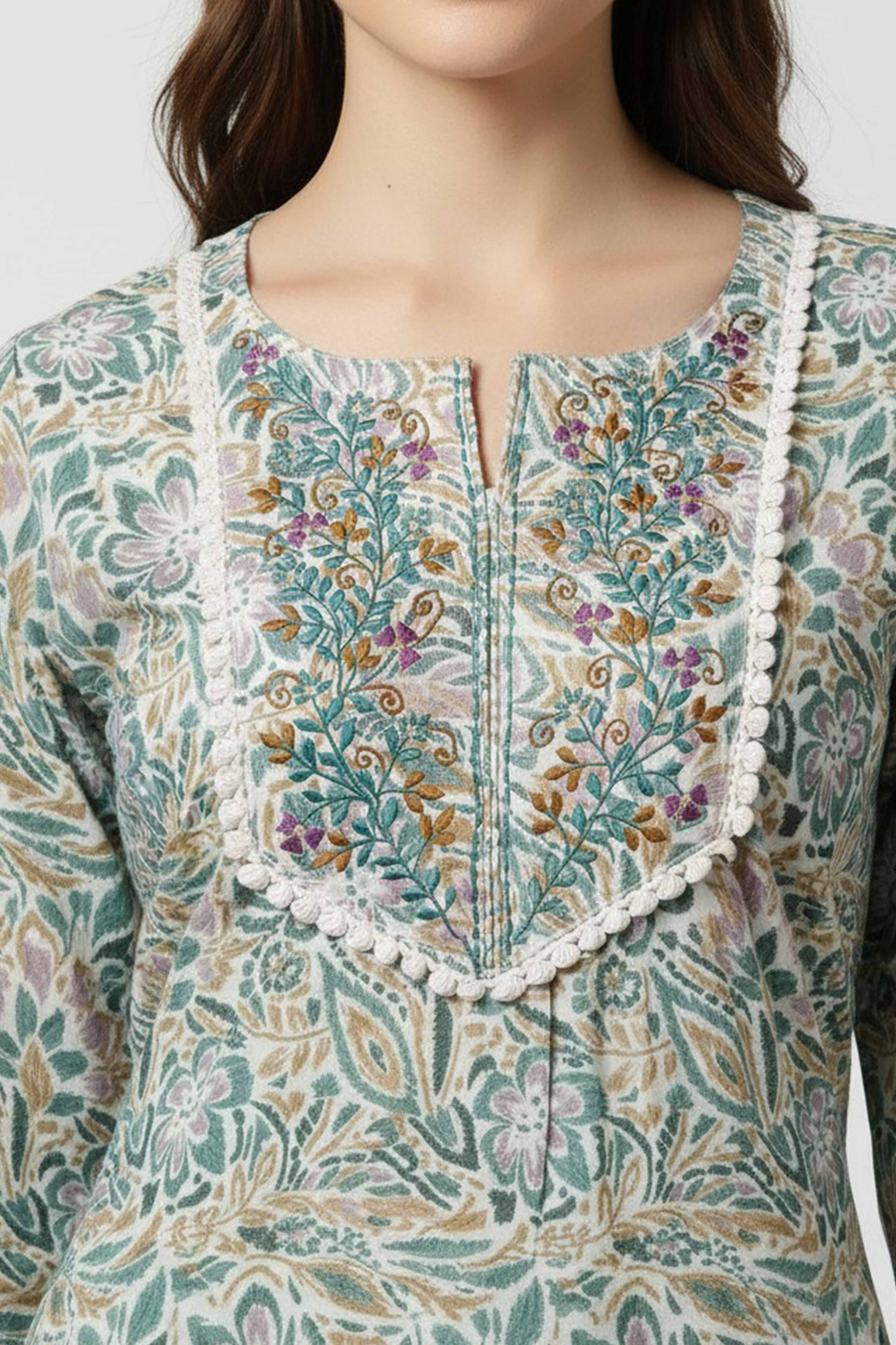 Turquoise Floral Printed Rayon Straight Kurti