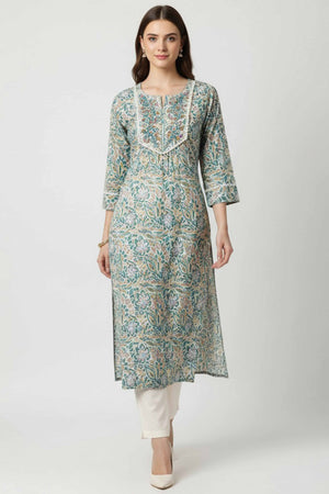 Turquoise Floral Printed Rayon Straight Kurti