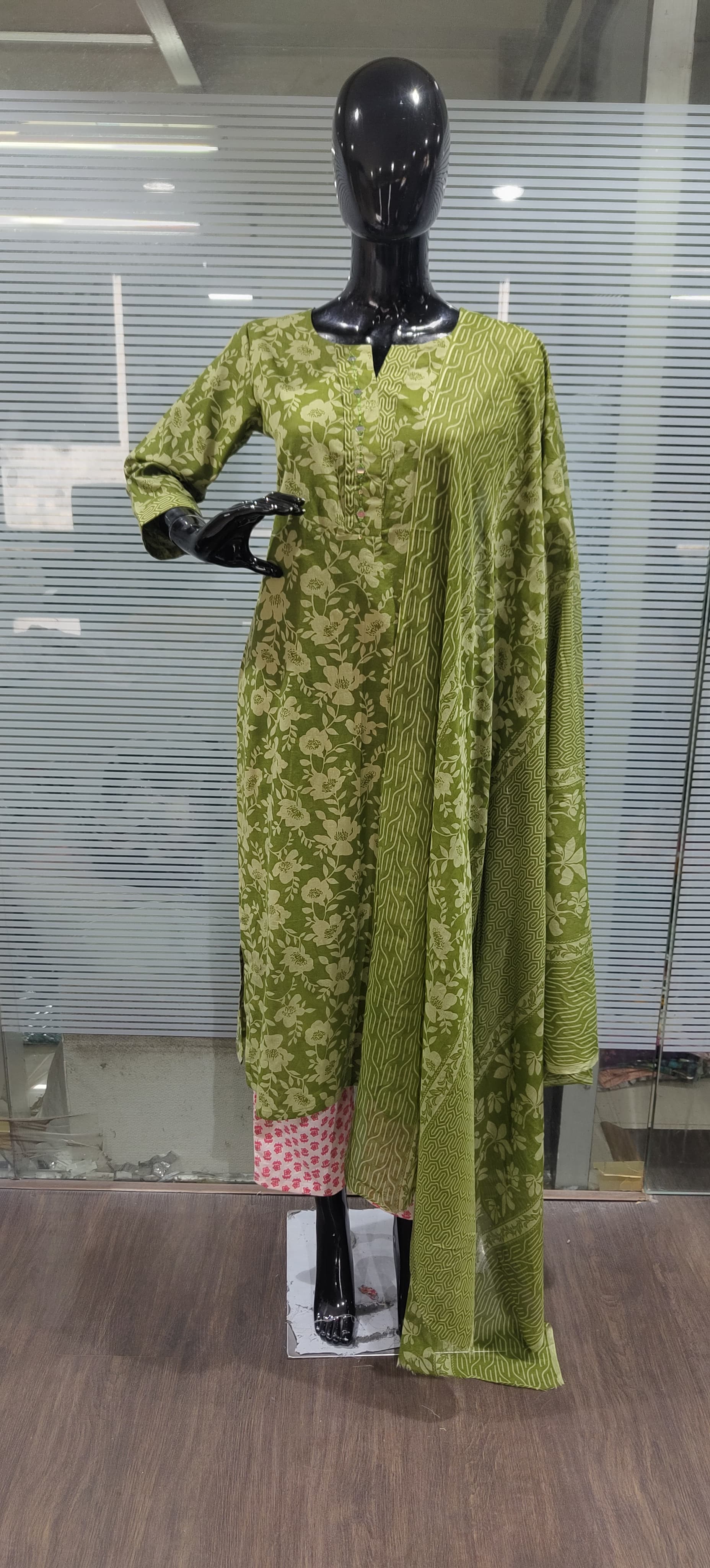 Olive Green Floral Printed Straight Cut Suit Accentuated With Mirror Thread Embroidery Work