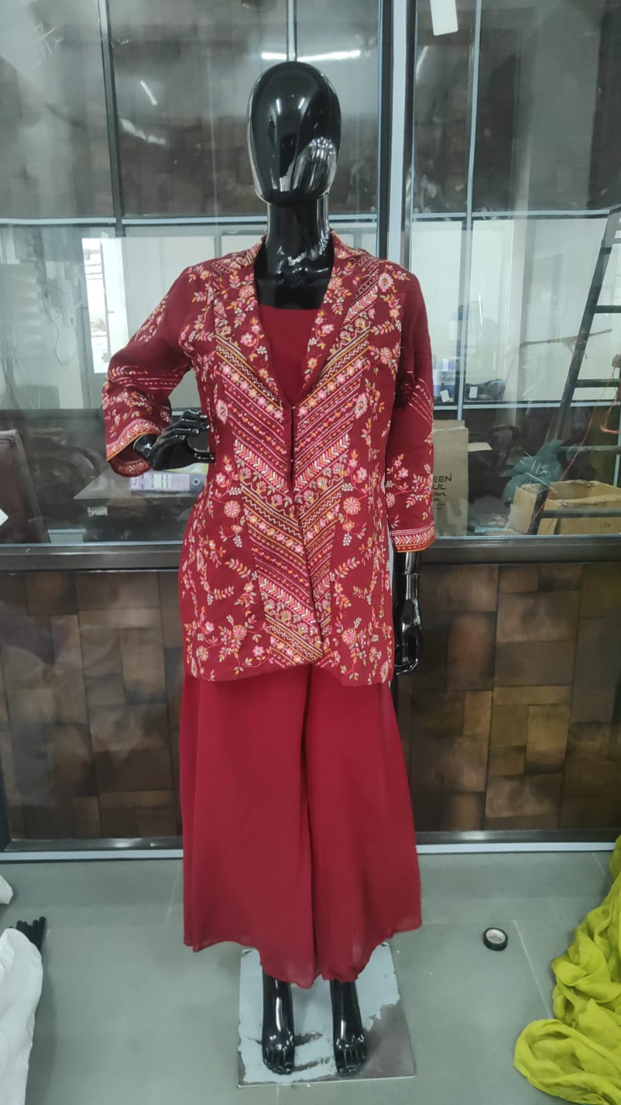 Maroon Solid Co-Ord Ensemble in Chanderi Silk with Heavily Embroidered Coat - Image 1