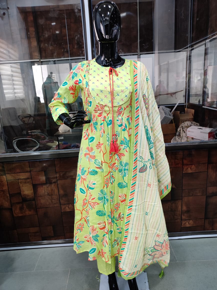 Light Green Pure Mulmul Cotton Salwar Suit with Delicate Floral Prints and Neckline Handwork - Image 1