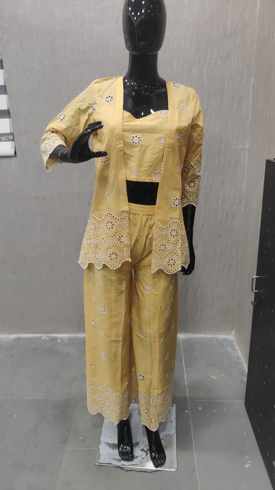Yellow Schiffli Pure Cotton Top Bottom Set With Jacket - Image 5