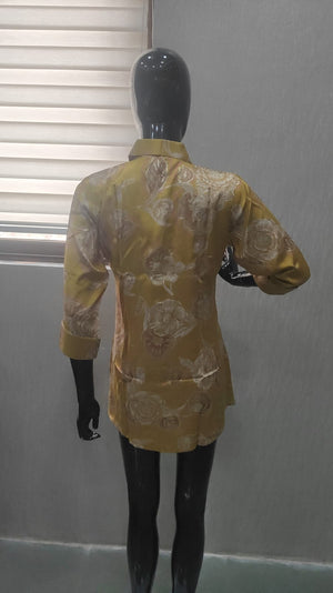 Yellow Muslin Straight Fit Top Adorned with Subtle Floral Printed Motifs - Model View 1