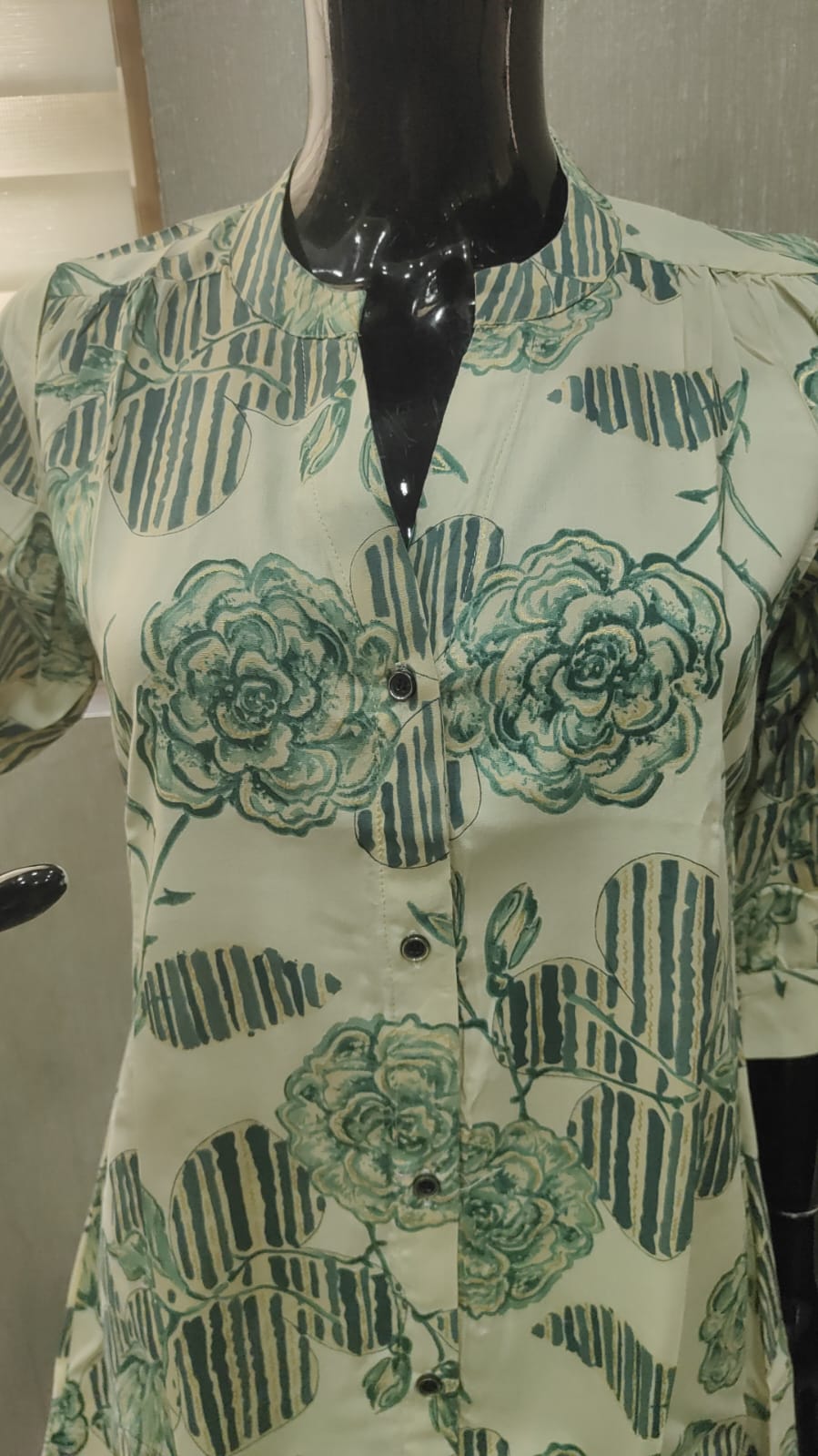 Green Floral Printed Rayon A-Line Top with Fresh Floral Look - Model View 2