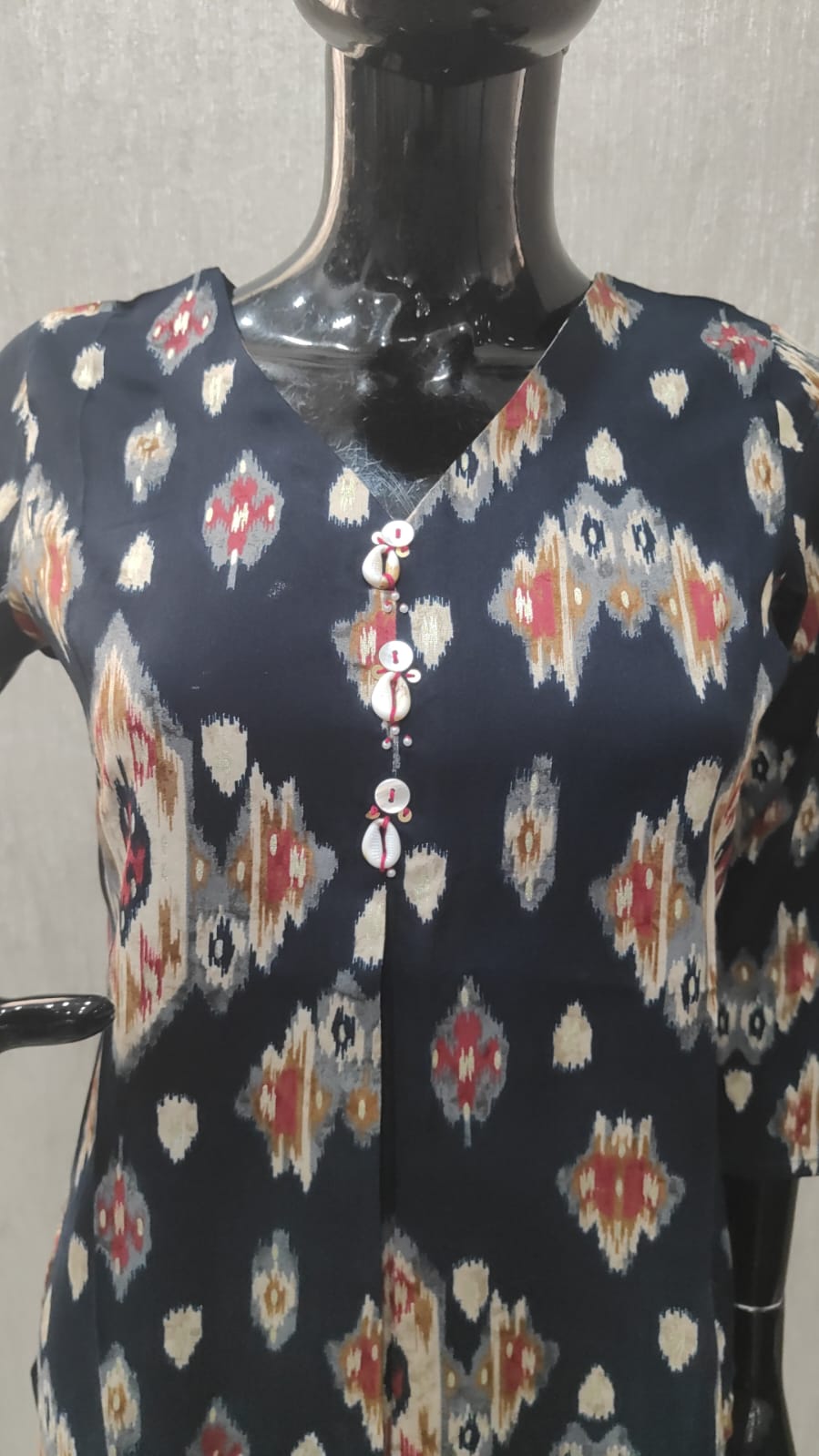 Blue Straight Cut Rayon Kurti with Traditional Ikkat Design and Foil Finish - Model View 3