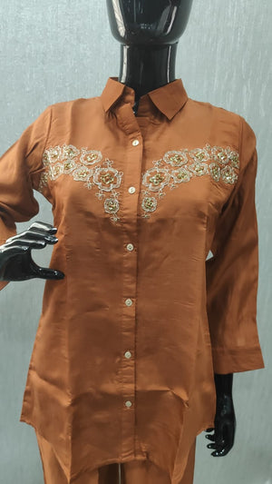 Graceful Rust Floral Embroidered Viscose Blend Top Paired with Matching Pant - Model View 2