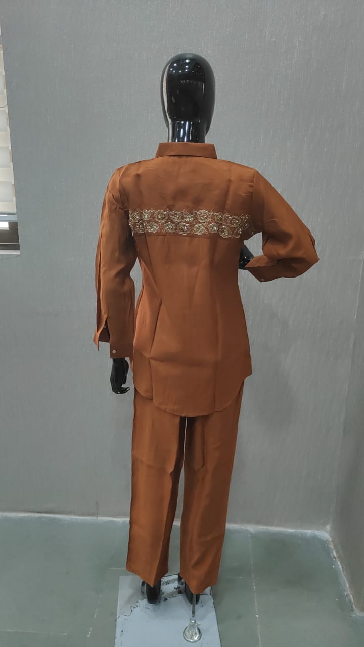 Graceful Rust Floral Embroidered Viscose Blend Top Paired with Matching Pant - Model View 1