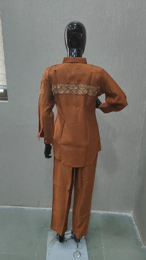 Graceful Rust Floral Embroidered Viscose Blend Top Paired with Matching Pant - Model View 1
