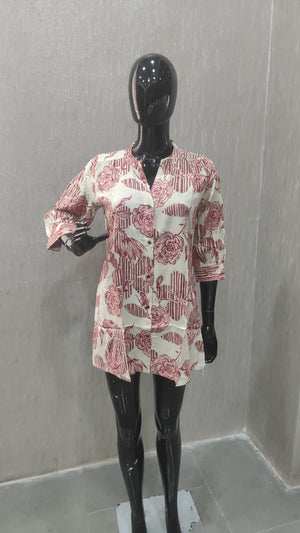 Red Floral Printed Rayon A-Line Top with Fresh Floral Look - Model View 1