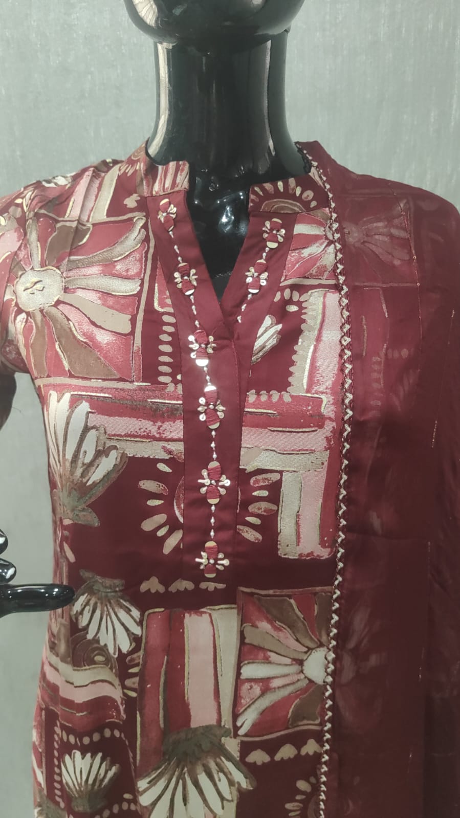 Elegant Maroon Floral Printed Straight Cut Salwar Suit Adorned With Mirror & Sequin On The Neckline - Model View 2
