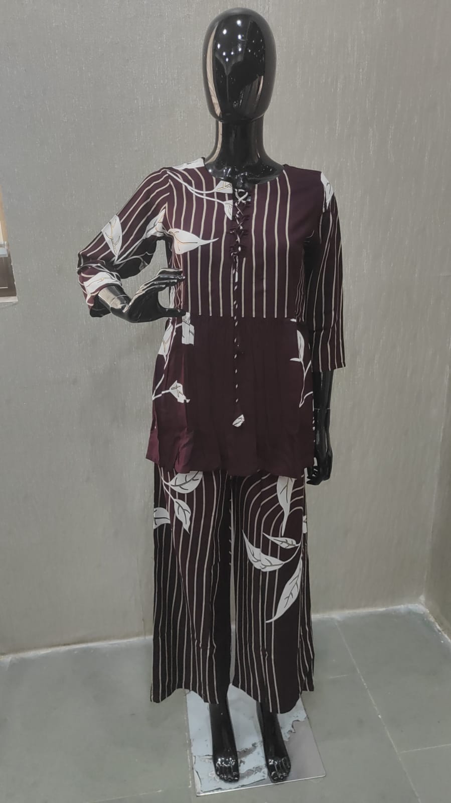 Wine Floral Print Rayon A-Line Top and Pant Set with Modern Ethnic Look - Model View 2