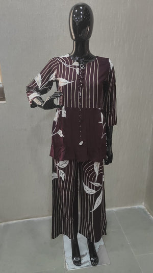 Wine Floral Print Rayon A-Line Top and Pant Set with Modern Ethnic Look - Model View 2