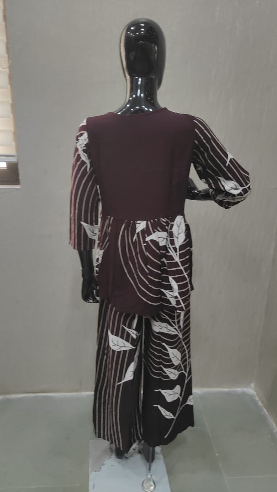 Wine Floral Print Rayon A-Line Top and Pant Set with Modern Ethnic Look - Model View 3