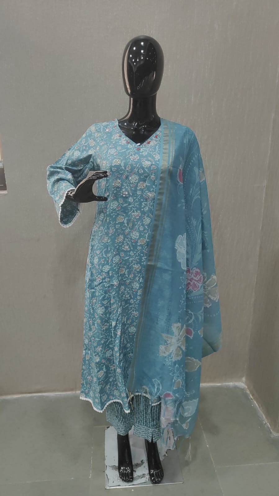 Lightweight Sky Blue Floral Printed Rayon Salwar Suit with A-Line Design - Image 2
