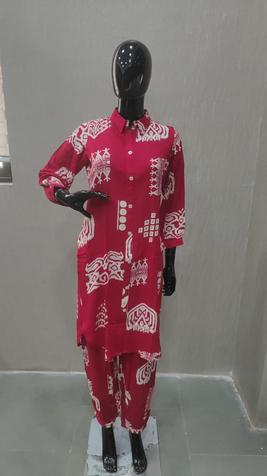 Chic Pink Rayon Top Bottom Set Featuring Ethnic Geometric Prints - Model View 3