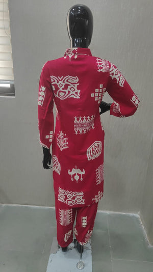 Chic Pink Rayon Top Bottom Set Featuring Ethnic Geometric Prints - Model View 1