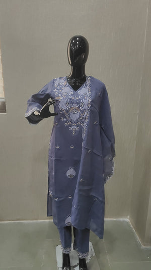 Lavender Grey Designer Chanderi Salwar Suit Featuring Intricate Floral Embroidery - Model View 2