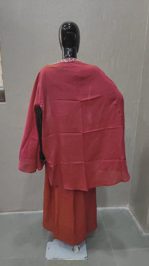 Red Festive Solid Co-Ord Ensemble with Rich Embroidery Detailing on Viscose Blend Blouse - Model View 1