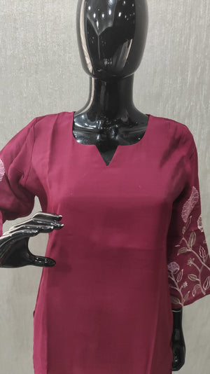 Wine Stylish Mul Chanderi Straight Cut Salwar Suit with Floral Embroidery Detailing - Image 2