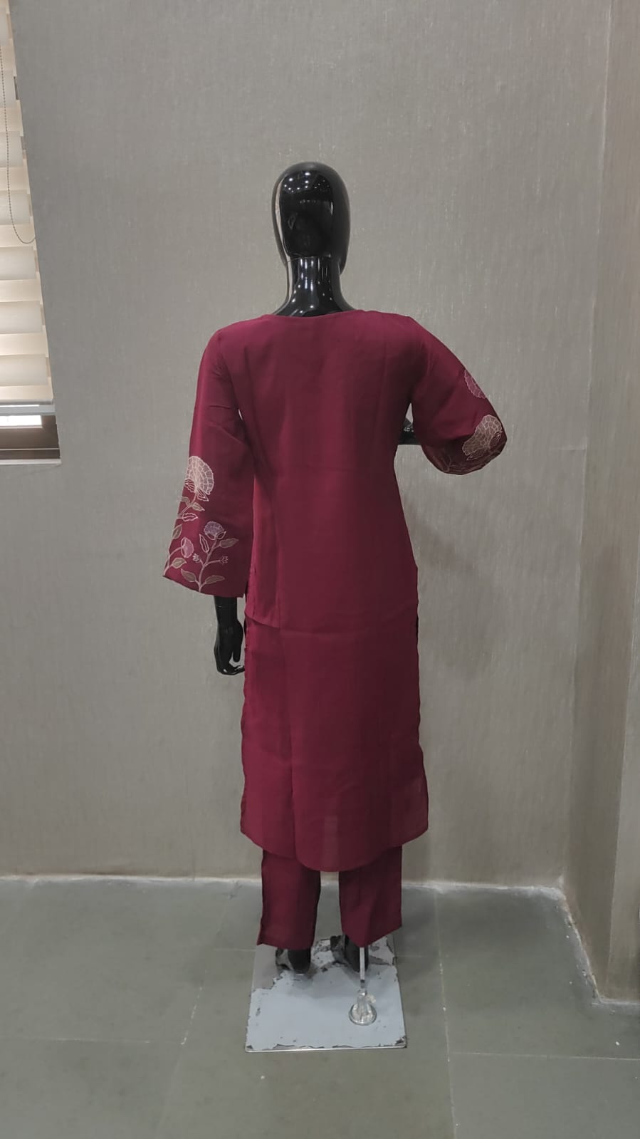 Wine Stylish Mul Chanderi Straight Cut Salwar Suit with Floral Embroidery Detailing - Image 1