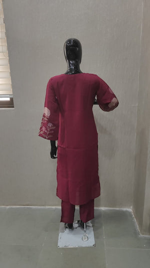 Wine Stylish Mul Chanderi Straight Cut Salwar Suit with Floral Embroidery Detailing - Image 1