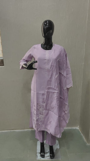 Lavender Mul Chanderi Straight Cut Salwar Suit with Beautiful Floral Embroidered Work - Model View 2